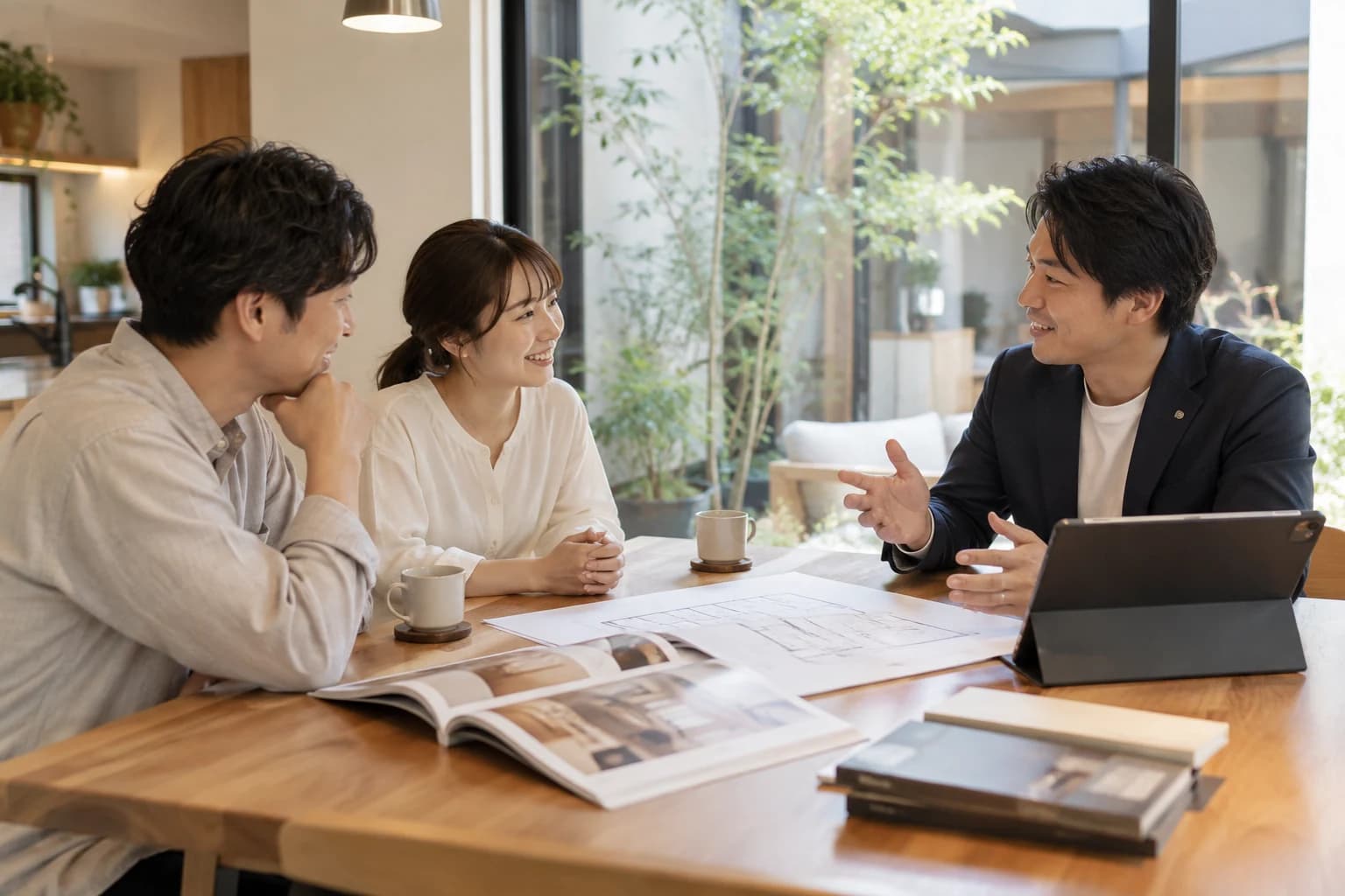 図面を囲み、住まいへの希望を話し合うご夫婦と担当者のイメージ