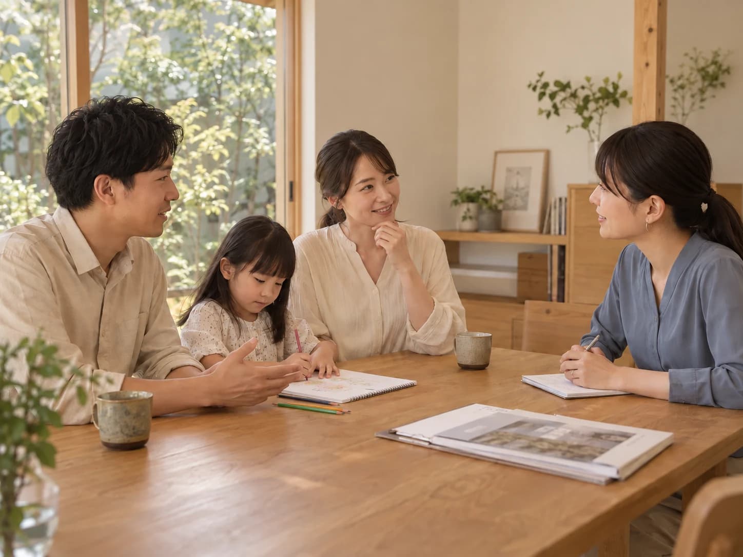 お子さんが絵を描くそばで、ご夫婦の希望を担当者が聞くヒアリングのイメージ