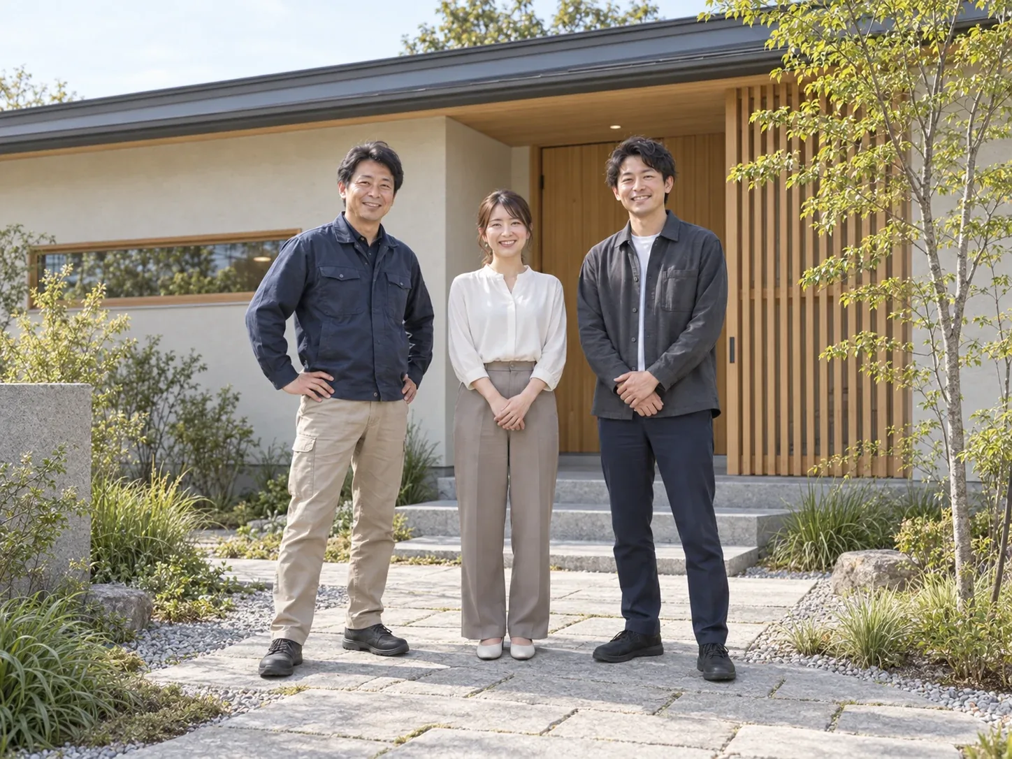 平屋の玄関前に、笑顔で並ぶ3人のスタッフのイメージ